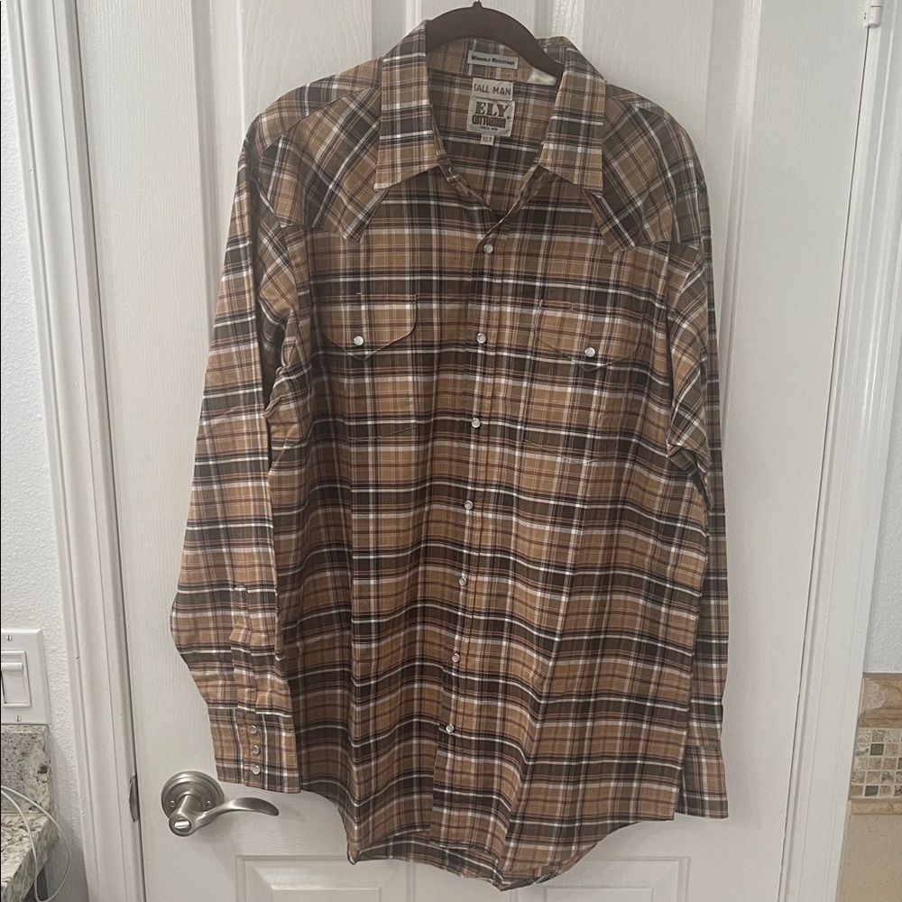 Ely Cattleman Tan and Brown Plaid Shirt